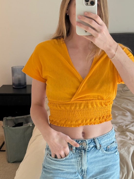 Bershka Tops - Bershka Mustard Yellow Smocked Wrap Crop Top